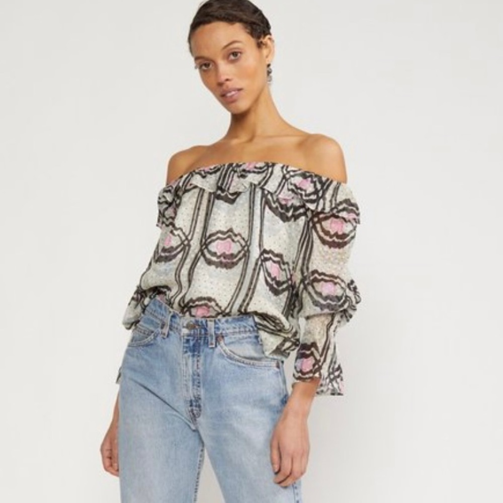 Nwt Cynthia Rowley Russel Off-The-Shoulder Grey Silk Ruffle Top - Size Small